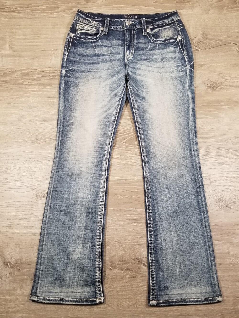 Miss Me Mid Rise Boot Jeans Womens 30x34 Medium Wash Angel Wing Rhinestone